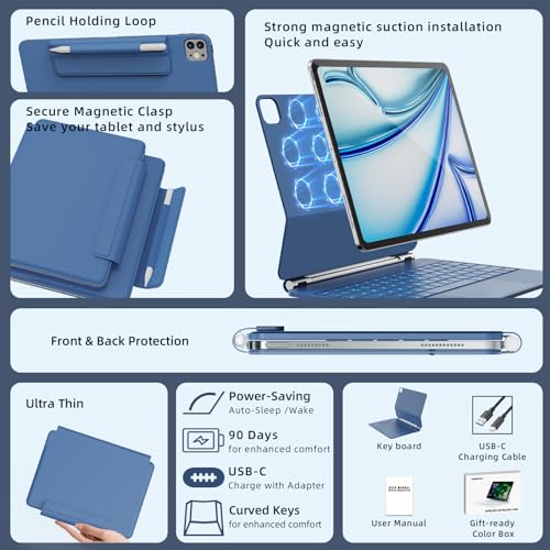 Image of RAYMCRAFT for iPad Air 13-inch Case with Keyboard (M4 /M3 /M2, 2026 /2025 /2024) & iPad Pro 12.9 inch (6th /5th /4th /3rd) Magic Keyboard, 11-Color Backlit, Multi-Touch Trackpad, Safe Pencil Buckle, Steel Blue