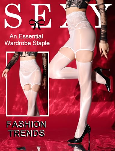 Image of FEOYA Women's Oil Shiny Lace Top Garter Pantyhose with Shimmer Thigh High Stockings Suspender Tights Hosiery (No Thong)