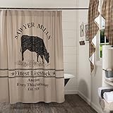 VHC Brands Farmhouse Bath Miller Farm Charcoal Cow Rod Pocket Cotton Button Holes Hooks Stenciled Chambray Nature Print Shower Curtain, One Size, Khaki Tan