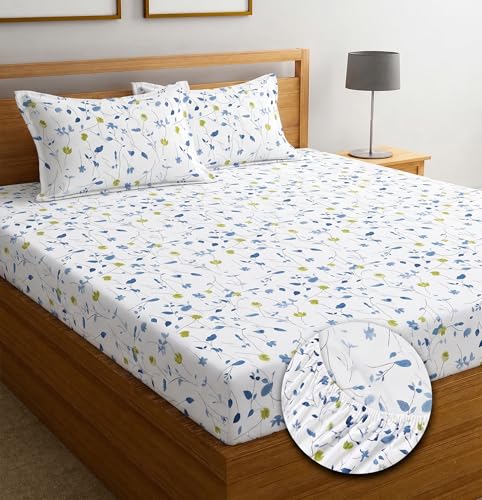 Image of IVAZA Ezyption Cotton Super Soft 240 TC Elastic Fitted All Around Elastic Printed King Size Double Bed Bedsheet with 2 Pillow Cover 72 inch X 78 inch3 Blue & White