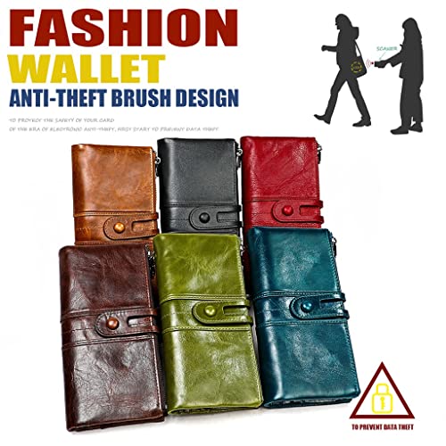 Oil Wax Leather RFID Ladies Wallet Layer Cowhide Trifold Wallet Multifunction Long Coin Purse(E)2