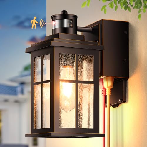 Image of Gleamz Motion Sensor Outdoor Sconce Lights with GFCI Outlet, ORB Gold Trim | Dusk to Dawn Sensor, Anti-Rust Front Porch Light for Garage, Built-in Dimmer, Exterior Lighting Fixtures Wall Mount for House