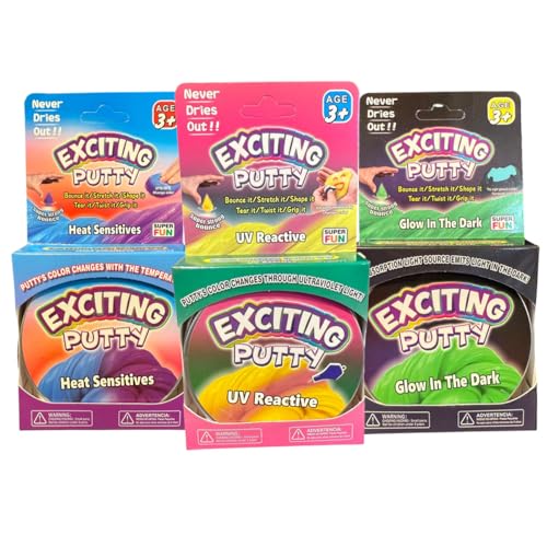 Set of 3 Kids stretchy Putty Glow in the dark Heat Sensitive & UV Reactive UK Stress Relief Great for Children and Adults