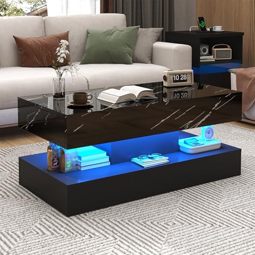 chartustriable 39.4" Large High-Glossy LED Coffee Table with 2 Sliding Drawers, Living Room Storage Coffee Tables with Marbling Print, Modern Stylish Double-Layer Center Tables w/LED Lights, Black