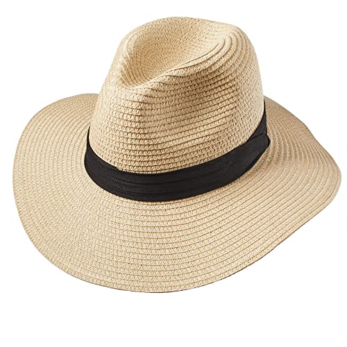 Deluxe Wide Brim Straw Panama Hat, Roll Up Fedora Beach Sun Hat Upf50+, Color Choice, Adjustable Hats For Women Or Men (Classic Beige) #TOP3