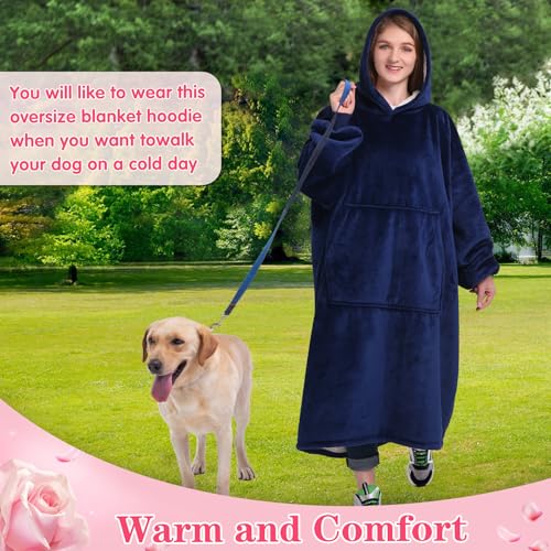 Image of Waitu Oversized Wearable Blanket Sweatshirt Gifts for Women and Men, Soft Sherpa Blanket Hoodie with Sleeves and Pocket, Warm Body Blanket Robe - Navy