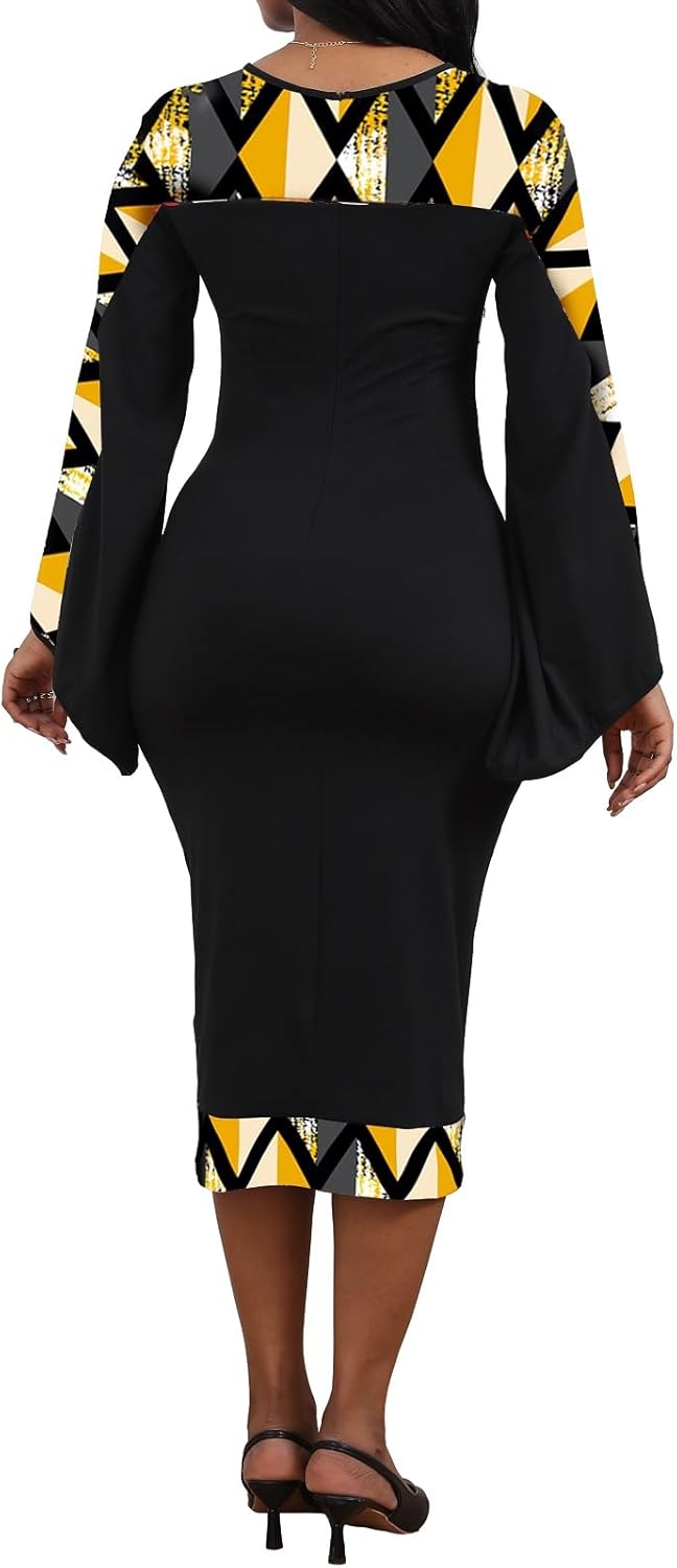 Oxgmoky Women's African Print Dress Work Business Bodycon Long Sleeve Round Neck Pencil Dresses