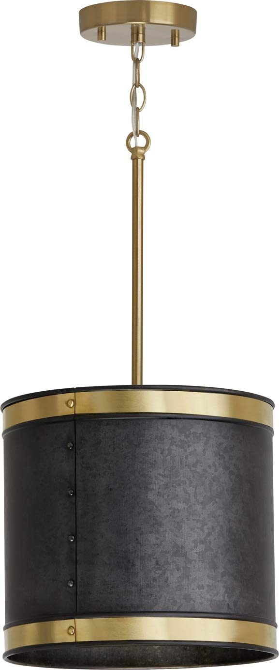 Capital Lighting 335611GB Barrow Metal Drum Pendant, 1-Light 100 Watts, 11" H x 12" W, Galvanized Black/True Brass