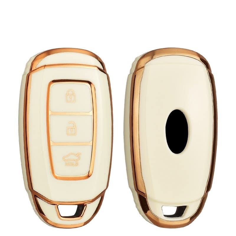 Image of JVCV Gold Border TPU Key Cover Compatible with Hyundai Verna Push Button Start Car Key - Glossy Protective Smart Key Case (White)