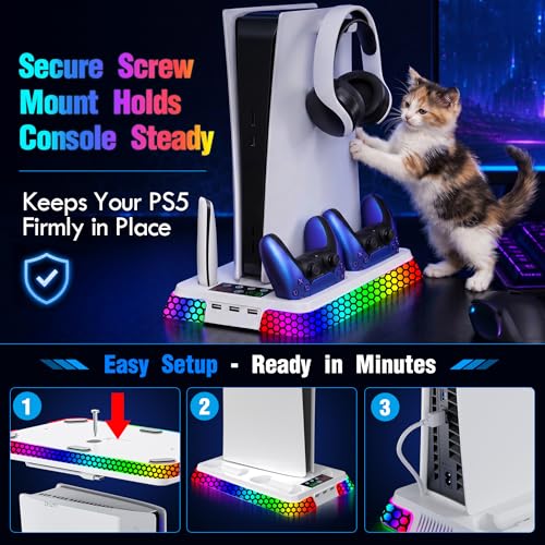 Image of Cooling Station for PS5 Slim Pro,Vertical Stand with Adjustable Fan Charger | Gift for PS5 Long Gaming,3 Level Quiet Fan,Two Controller Charging,10 Colors Dynamic Mode,Headset Hook,USB Hub,Anti-Slip Base