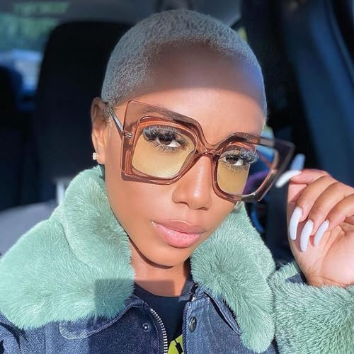 Image of Zeelool Chic Oversized Thick Square Eyeglasses Frame for Women with Non-prescription Clear Lens Qatar ZOP01892-02 Cameo Brown