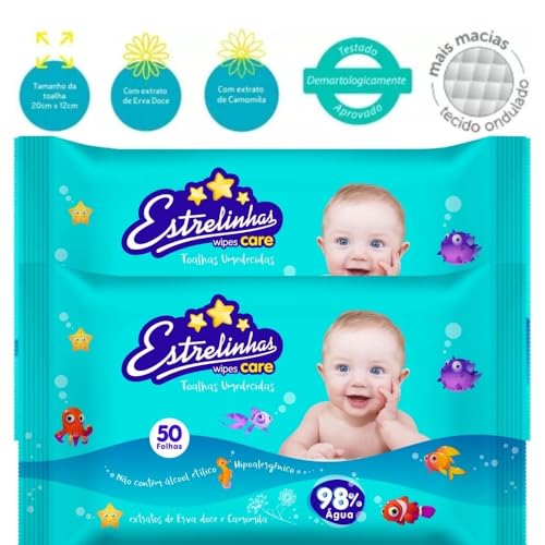 Kit 4 Toalha Umedec Estrelinhas Wipes Care 50 Un - Hygieline