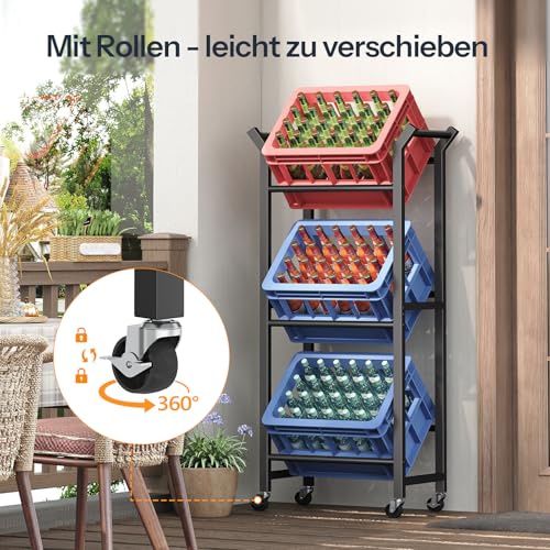 HOOBRO Getränkekistenregal für 3 Kisten, Getränkeregal mit 4 Rollen (2 Feststellbar), Kistenregal, 75 kg Belastbar pro Ablage, Metallrahmen, für Küche, Esszimmer, Wohnzimmer, Schwarz EBK206CJ01