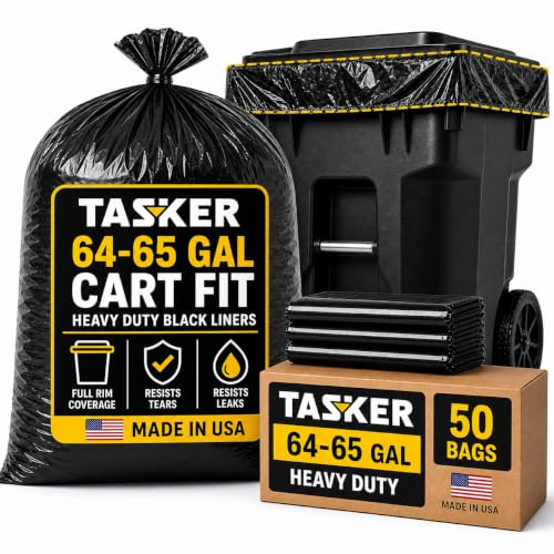 Tasker 65 Gallon Trash Bags Heavy Duty | 50 Count with Ties | Extra Large 64 Gallon Trash Bags for Toter | Garbage Bag 65 Gallon Trash Can Liners