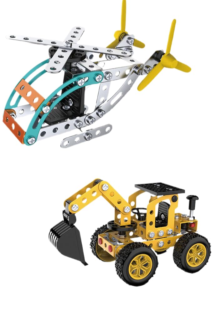 Building Sets Stem Assembly Toys Metal 3-D Puzzle Excavator and Plane Model Value Bundle: 2 Kits | 1 Box Parent-Child Interaction Construction Sets Gifts for Kids 8-16
