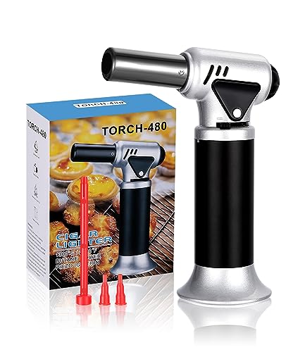 Soplete De Cocina, Antorcha de Cocina, Recargable Mini Culinario Soplete con Cerradura de Seguridad & Llama Ajustable,con 3 boquillas para Cocinar, Barbacoa, Gas Butano No Incluido