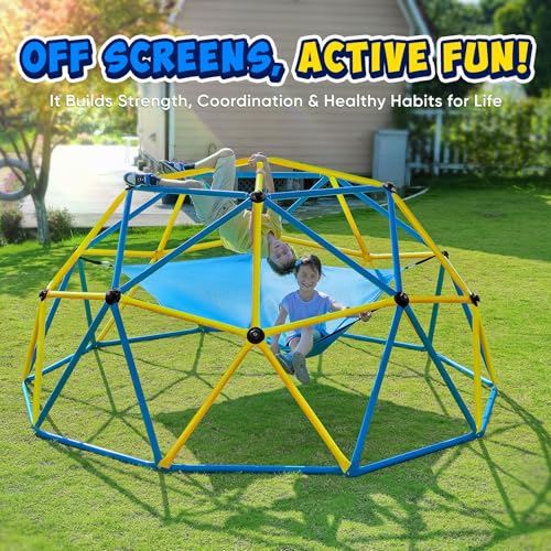 Image of Zupapa 10FT Climbing Dome with Hammock, Outdoor Jungle Gym for Kids, Geometric Dome Climber Supporting 1200LBS Outdoor Play Equipment, Yellow&Blue