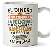 MUGFFINS tazas originales para regalar | tazas divertidas para regalar con frase El dinero no compra la felicidad pero compra anchoas en Español | humor, graciosas | comida v1