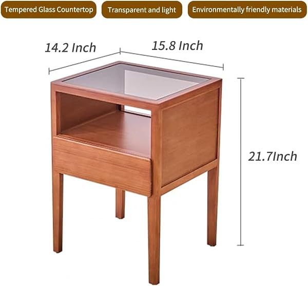 JIKUGO Bamboo Nightstand with Tempered Glass Surface, No Assembly Bedside Table with Storage Shelf, Walnut, 15.8 x 14.2 x 21.7 Inches by JIKUGO - Used condition - US$143.98