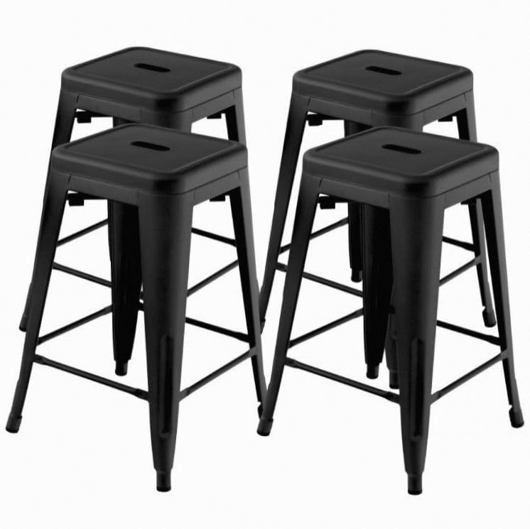 Image of Black 24 Inch Tolix Style Stackable Bar Stool Set 4-Piece Powder-Coated Metal Chairs 330lb Non-Slip X-Frame