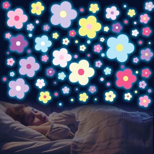 Glow in The Dark Y2k Cute Flowers Wall Decals，Glowing Luminous Colorful Floral Wall Stickers Colorful Removable self-Adhesive Preppy Hippie Stickers for Girls Bedroom (Lovely Color) by HSDSH - Used condition - US$10.90