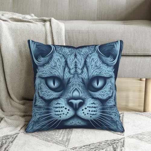 Housse de coussin chat bleu velours côtelé déco canapé 45x45