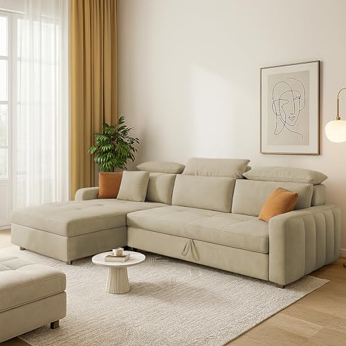 Image of Casaliving Gagnon LHS 4 Seater L Shape Corner Sofa Cum Bed for Living Room (Cream Fabric) Premium Fabric Sofa Cum Bed