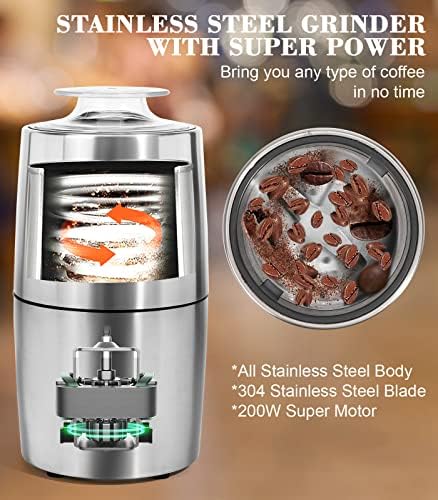 Coffee Grinder Electric - Turimon Stainless Steel Coffee Bean Grinder for Coffe Espresso Latte Mochas, One-Touch Grinder for Herb, Spice, Grain and More