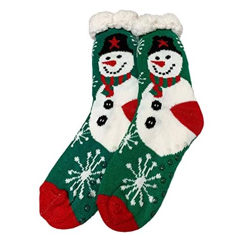 Womens Sherpa Winter Warm Thermal Non-Skid Slipper Socks - 9-11, Snowman Green Cover