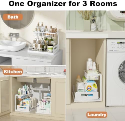 REALINN Under Sink Organizer, Pull Out Cabinet Organizer, 2 Tier Metal Slide Out Shelf with L Shaped Design for Kitchen, Bathroom, Laundry, and Utility Cabinet Storage for Deep Cabinets, White, 2 Pack — view 2