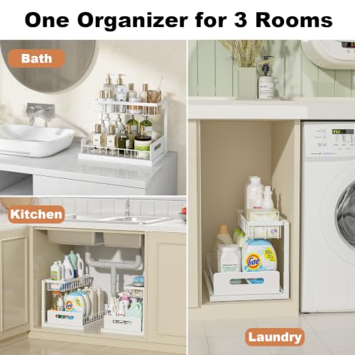 REALINN Under Sink Organizer, Pull Out Cabinet Organizer 2 Tier Slide Out Sink Shelf Cabinet Storage Shelves, Storage for Kitchen Bathroom, White, 2 Pack - Image 3