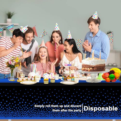 Image of 12 Pack Black and Blue Tablecloth Party Decorations Plastic Black Tablecloth Printed Blue Table Runner 54 x108 Inch Disposable Rectangle Table Cover for Birthday Wedding Graduation