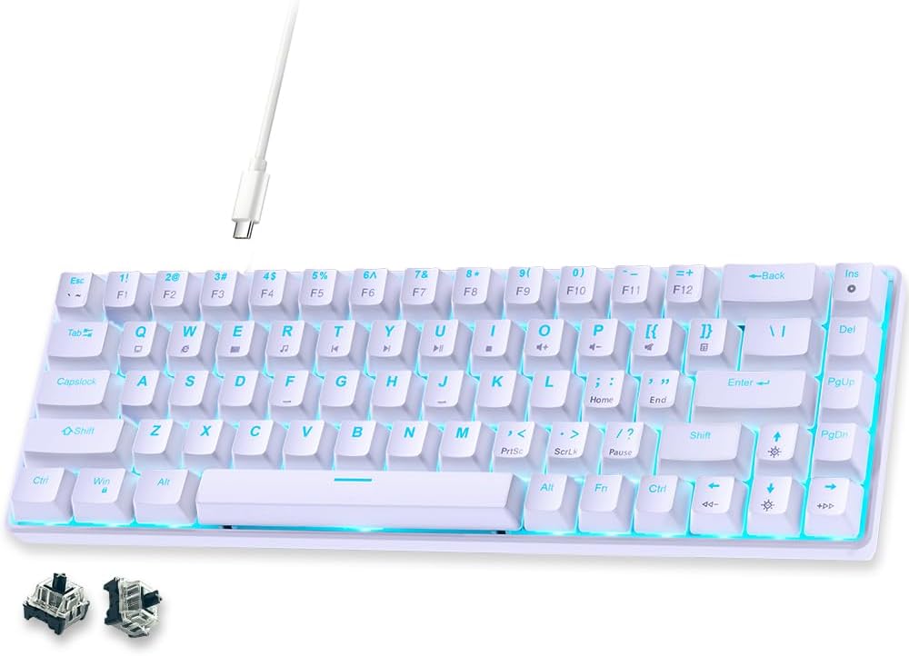 abucow 65% Mechanical Gaming Keyboard, Black Switch Wired Compact Keyboard with Blue Backlight, Swappable White Keycaps, for Windows/Mac