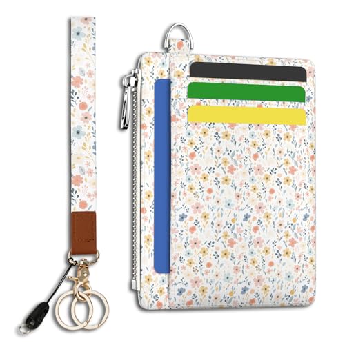 Image of Hancynir Floral Flower Slim Wallet Women Credit Card Holder Wristlet RFID | Small Keychain Lanyard Wallet, Travel Zipper Coin Pocket, Ladies Gifts Women, Minimalist Card Case, 6 Card Slots, PU Leather