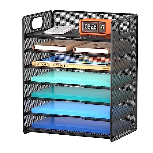 Samstar 7 Tier Paper Letter Tray, Mesh Desk File Organizer File Sorter Rack Shelves with Handles, Black image 3