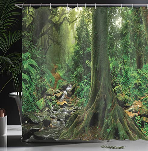 ABAKUHAUS Forest Shower Curtain, Rain Woodland Scenery River in the North Forest in the Early Morning Humid Fog Print - Image 3
