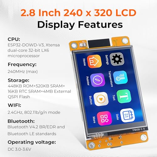 APKLVSR ESP32 Display,2.8\ ESP32-Display ESP32-2432S028R Resistiver Touchscreen 240x320 TFT LCD Display Modul,ESP32 Entwicklungsplatine mit WiFi Bluetooth, für Arduino IDE(2 Stücke)