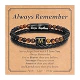 HIMSTORY Initial Bracelet for Men Boys, Gifts for Fathers Day from Son Leather Beads Initial Bracelet Natural Stone Bracelets Gifts for Him Husband Dad New Dad M
