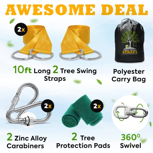 Benicci Safe Tree Swing Hanging Kit (Set Of 2) - 10Ft Long Straps With Two Alloy Carabiners And 2000 Lb Breaking Strength - Easy & Fast Installation For All Types Of Swings And Children, Black/Yellow #TOP2