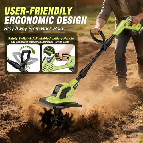 21V Cordlees Tiller Cultivator for Gardening, 400RPM Electric Garden Tiller, Brushless Rototiller with 2 * 3.0Ah Battery, 9.5" Width 7" Depth, for Yard、Lawn、Soil Tiller (Green) by Lmozim - Image 5