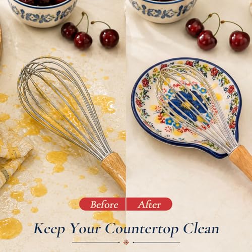 Image of Spoon Rest for Stove Top, 5 inch Hand-Painted Bule Flower Spoon Holder | Stable ceramic won't tip; glaze rinses clean, dishwasher safe. Holds spoons & spatulas, floral farm style, keeps stove tidy.