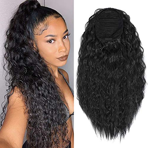 NAYOO Long Drawstring Ponytail for Women 22 Inch Corn Wave Clip In Hair Extension Heat Resistant Synthetic Ponytail Extension（1B）