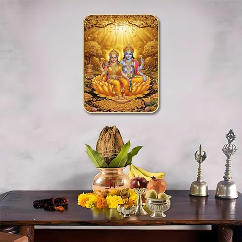 Image of SAF Lakshmi Narayan Wall Art with Table Top Stand & Wall Hanging Hole | Vishnu Lakshmi Kamal MDF Religious Painting for Home Mandir Vastu Decor