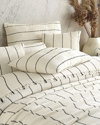Handmade Bohemian Matching Pillowcases Only, 4-Layer Gauze Cotton Muslin, Envelope Closure, Natural Undyed Ivory with Black Pinstripes, Set of 2 King Pillowcases, Made in Turkey