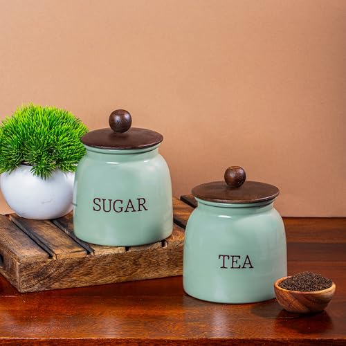 Image of Metallure Home Modern Kitchen Set | Air Tight Containers for Kitchen Storage | Tea Sugar Container Set of 2 | Wooden Lid Container | Food-Safe Metal Containers | Jar Container Set for Home (Green)