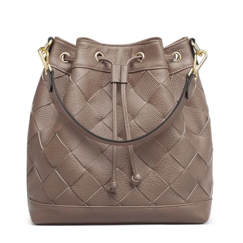 Kattee Woven Genuine Leather Bucket Bags For Women, Drawstring Crossbody Hobo Purses And Shoulder Handbags With 2 Detachable Straps cover