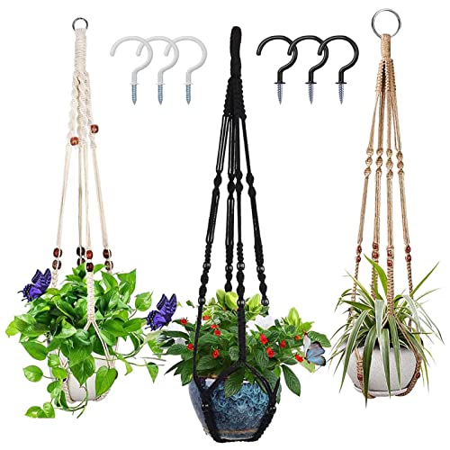 Macrame Plant Hanger 3 Colors Indoor Outdoor Hanging Planter Holder 35'' Ceiling Plant Hanger Boho Handmade Plant Cotton Rope with 6 Pcs Hooks for Home Balcony Decor Fits Max 12'' Flower Pot