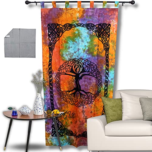 Cortina para sala de estar, panel de lino con pestañas, cortina de lino de algodón, cortina de árbol de la vida, cortina celta de 111 cm de ancho por 223 cm de largo, multicolor