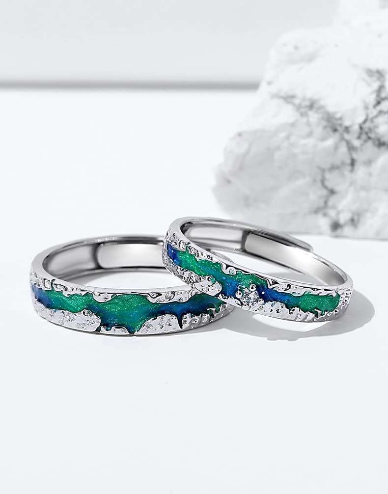 Nothern Light Aurora Polaris Coppia di anelli per lui e lei in argento Sterling 925 cielo stellato abbinato, anelli di fidanzamento con promessa, anelli di fidanzamento aperti e regolabili