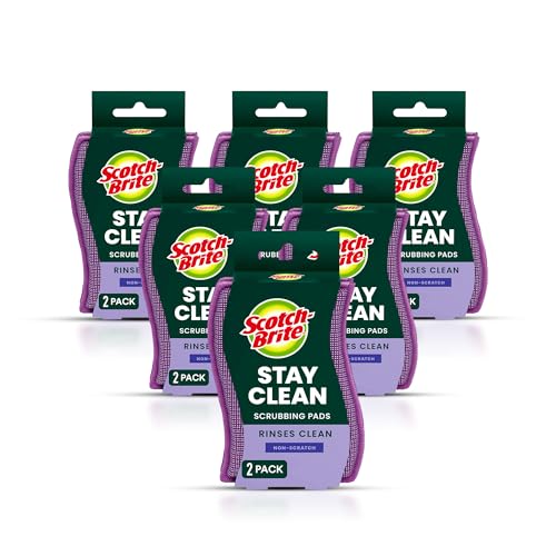 Scotch-Brite Stay Clean Scrubber Pads Non-Scratch Dish Sponges for Kitchen Cleaning 12 Count Rinses Clean Odor-Resistant Safe on Non-Stick Cookware Pots Pans and Glassware